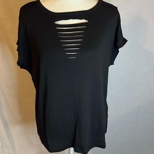 NIB-Shein Black Shirt with sliced v-neck Large (8-10)*add on item for bundles*